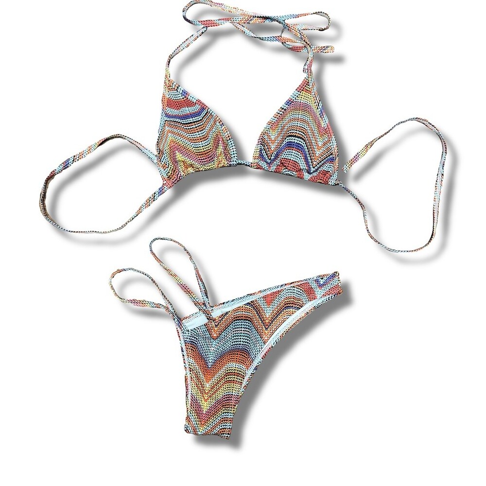 Bikini Set Womens Size S Multicolor Zigzag Triangle Halter Tie